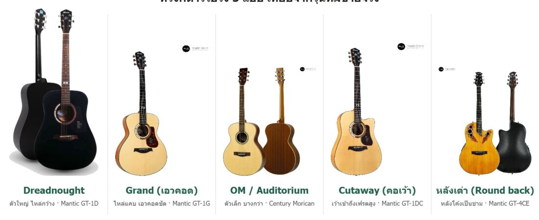 กีตาร์โปร่งทรงไหนดี? เทียบ Dreadnought / Grand / OM / คอเว้า / หลังเต่า เสียงต่างกันยังไง เหมาะกับใคร (ปี 2026)